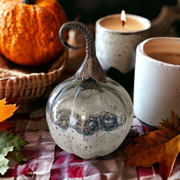 Mercury Glass Pumpkin Gourd Silvery Glass Encased Silver Metal Stem Autumn Fall. - Picture 12 of 16
